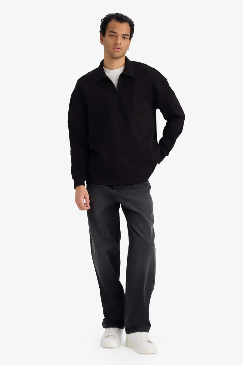 ديفاكتو Boxy Fit Polo Collar Half Zippered Pique Sweatshirt