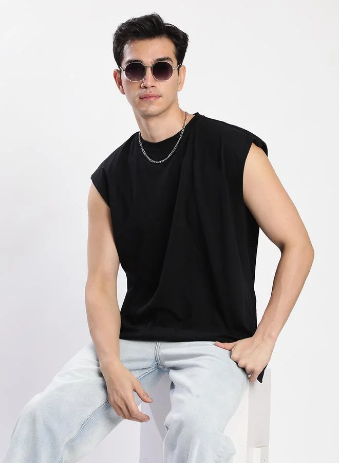 Styli Men Black Sleeveless Oversized T-Shirt By Bene Kleed