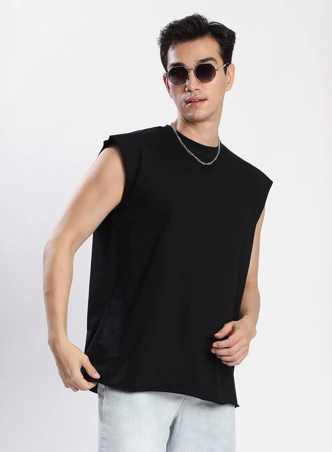 Styli Men Black Sleeveless Oversized T-Shirt By Bene Kleed