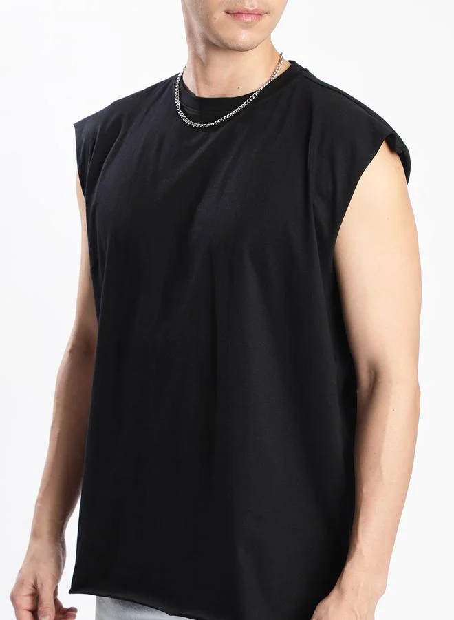 Styli Men Black Sleeveless Oversized T-Shirt By Bene Kleed