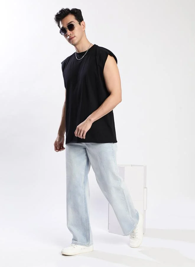 Styli Men Black Sleeveless Oversized T-Shirt By Bene Kleed
