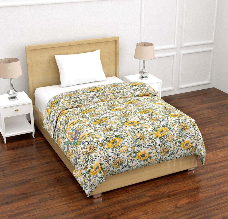 LOARSHY Cotton Razai Yellow Green Color Flower Printed Jaipuri Quilt Designer Traditional Light Weight Warm Rajai for Single Bed (55X85 Size) - Image 2