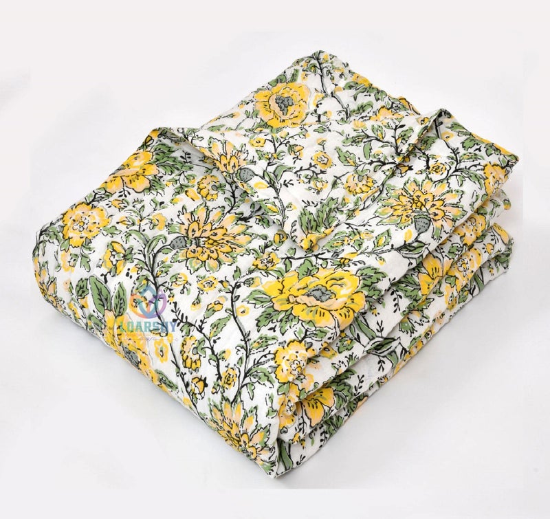 LOARSHY Cotton Razai Yellow Green Color Flower Printed Jaipuri Quilt Designer Traditional Light Weight Warm Rajai for Single Bed (55X85 Size) - Image 4