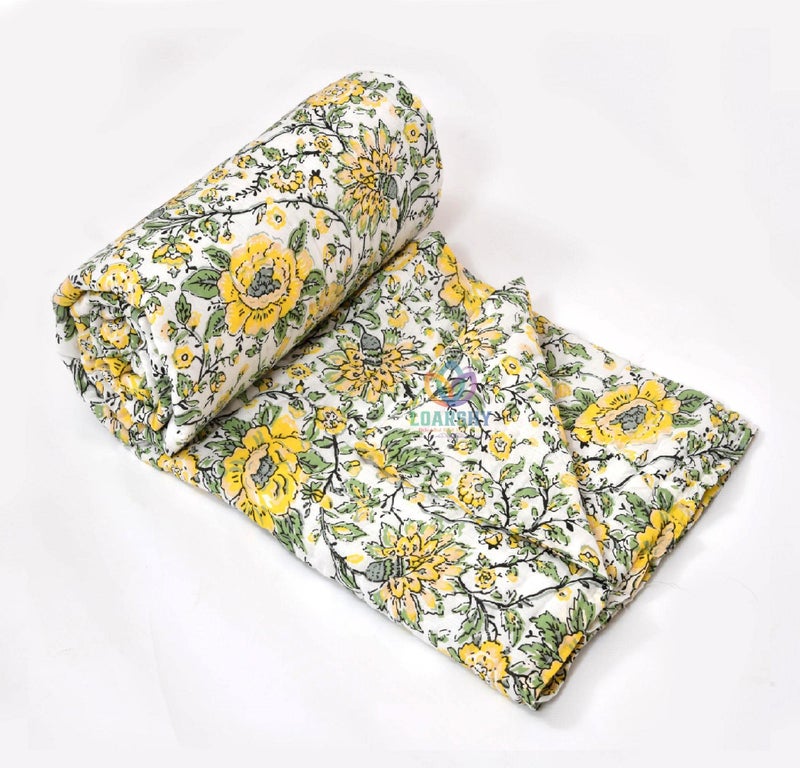 LOARSHY Cotton Razai Yellow Green Color Flower Printed Jaipuri Quilt Designer Traditional Light Weight Warm Rajai for Single Bed (55X85 Size) - Image 5