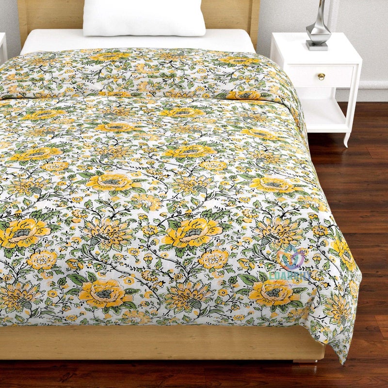 LOARSHY Cotton Razai Yellow Green Color Flower Printed Jaipuri Quilt Designer Traditional Light Weight Warm Rajai for Single Bed (55X85 Size) - Image 3