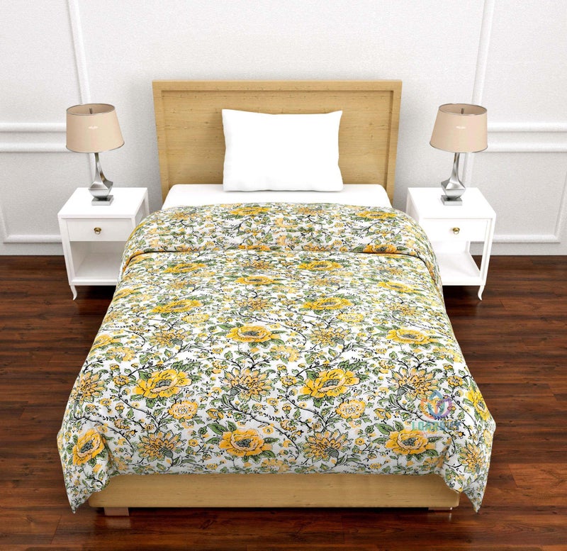 LOARSHY Cotton Razai Yellow Green Color Flower Printed Jaipuri Quilt Designer Traditional Light Weight Warm Rajai for Single Bed (55X85 Size) - Image 1