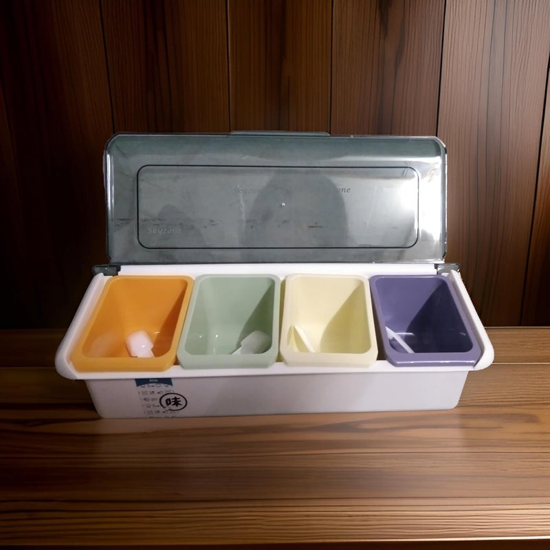 skyzone Masala Box Set for Kitchen Spice Container with Spoon for Dry Fruits Vegetable 4 Compartment Rack, Air-Tight Storage Organizer and Hygienic Heavy Use in Homes,Restaurants (Multicolour) - Image 1