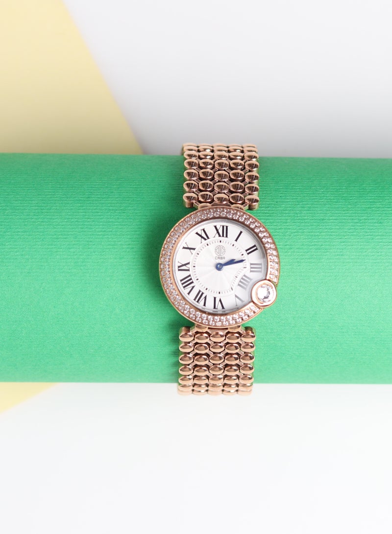 Caba Women's Watch, Studded Zircon Stones, Elegant Design of Watch Strap, Roman numerals, White Dial, Water Resistant And Rust Resistant, Stainless Steel, Copper -3106912SLR - Image 1
