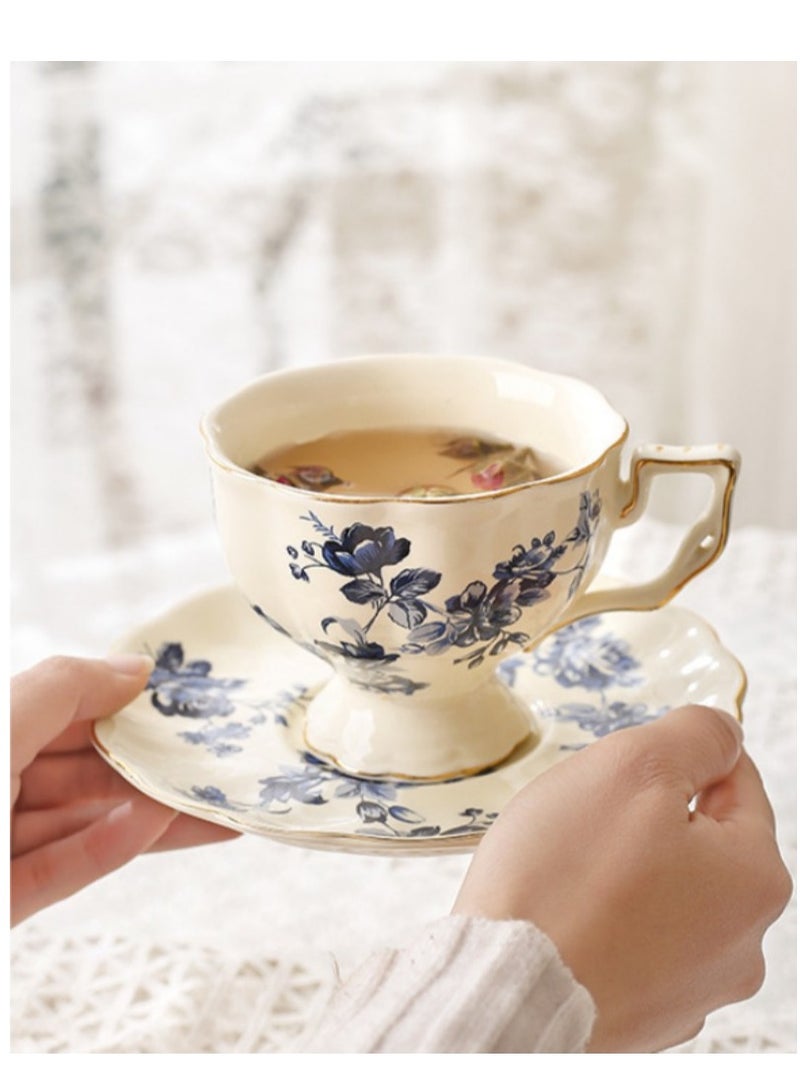 M MIAOYAN European retro coffee cup and saucer ceramic British Phnom Penh big mouth blue and white cup French restaurant bar home - Image 1