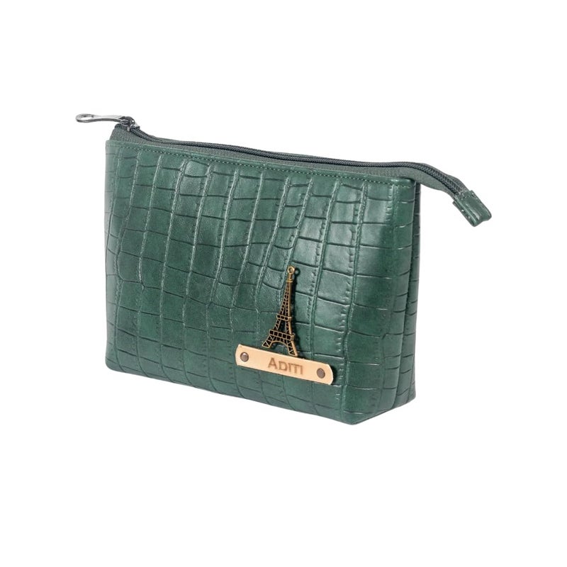 Aica Personalized Name  Charm Cosmetic Pouch Bag for Women Makeup Toiletry Medicine Pouch Bag Organizer Box for Women Customized Gifts for Women Wife Multipurpose Travel Pouch DarkGreen - Image 1