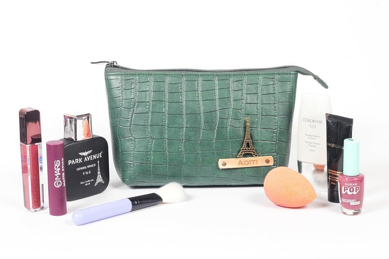 Aica Personalized Name  Charm Cosmetic Pouch Bag for Women Makeup Toiletry Medicine Pouch Bag Organizer Box for Women Customized Gifts for Women Wife Multipurpose Travel Pouch DarkGreen - Image 4