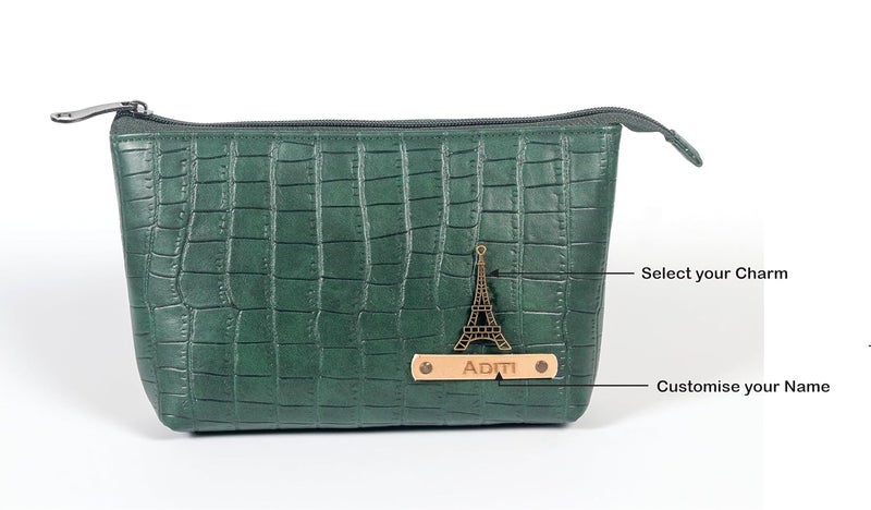 Aica Personalized Name  Charm Cosmetic Pouch Bag for Women Makeup Toiletry Medicine Pouch Bag Organizer Box for Women Customized Gifts for Women Wife Multipurpose Travel Pouch DarkGreen - Image 2