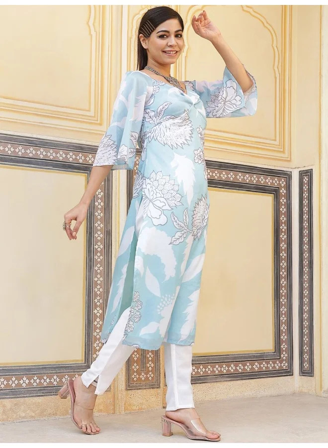 أيه كيه إس Blue & White Floral Print Twisted Neck Kurta