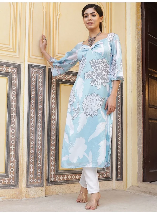 أيه كيه إس Blue & White Floral Print Twisted Neck Kurta