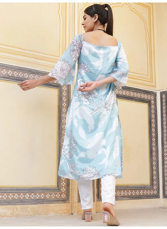 أيه كيه إس Blue & White Floral Print Twisted Neck Kurta
