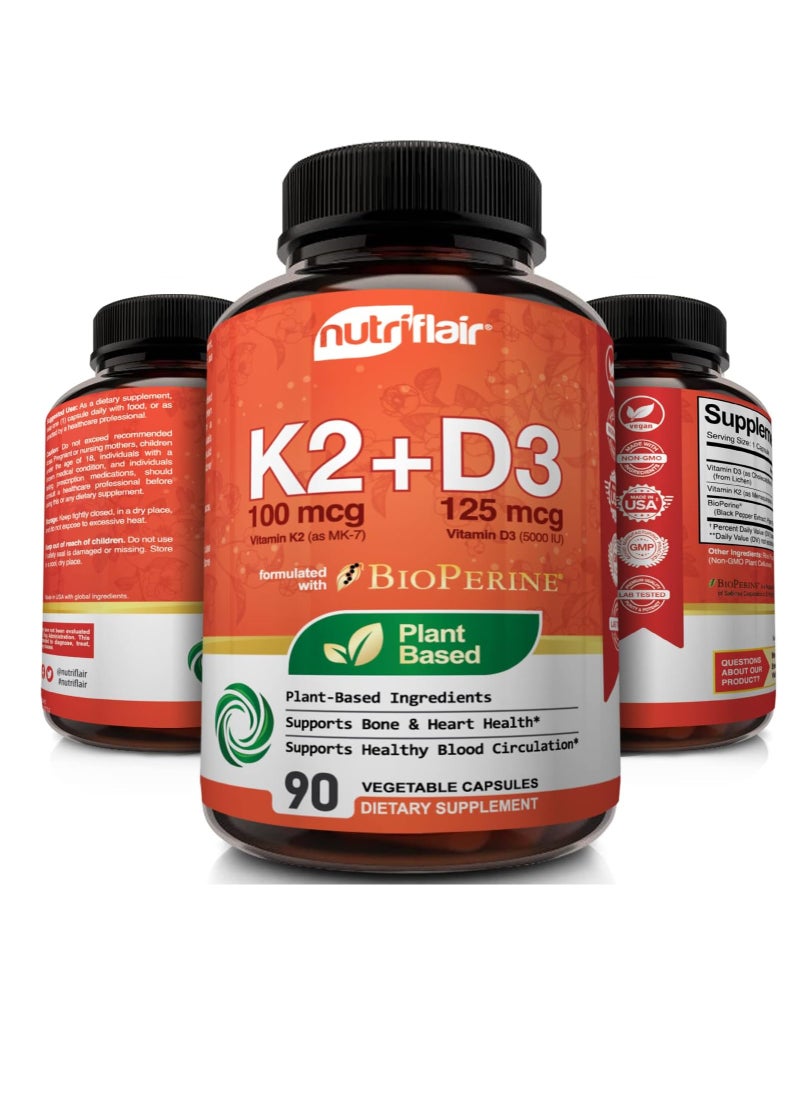 NutriFlair - Plant Based K2 (Mk7) With D3 Vitamins With Bioperine, 90 Capsules - Image 1