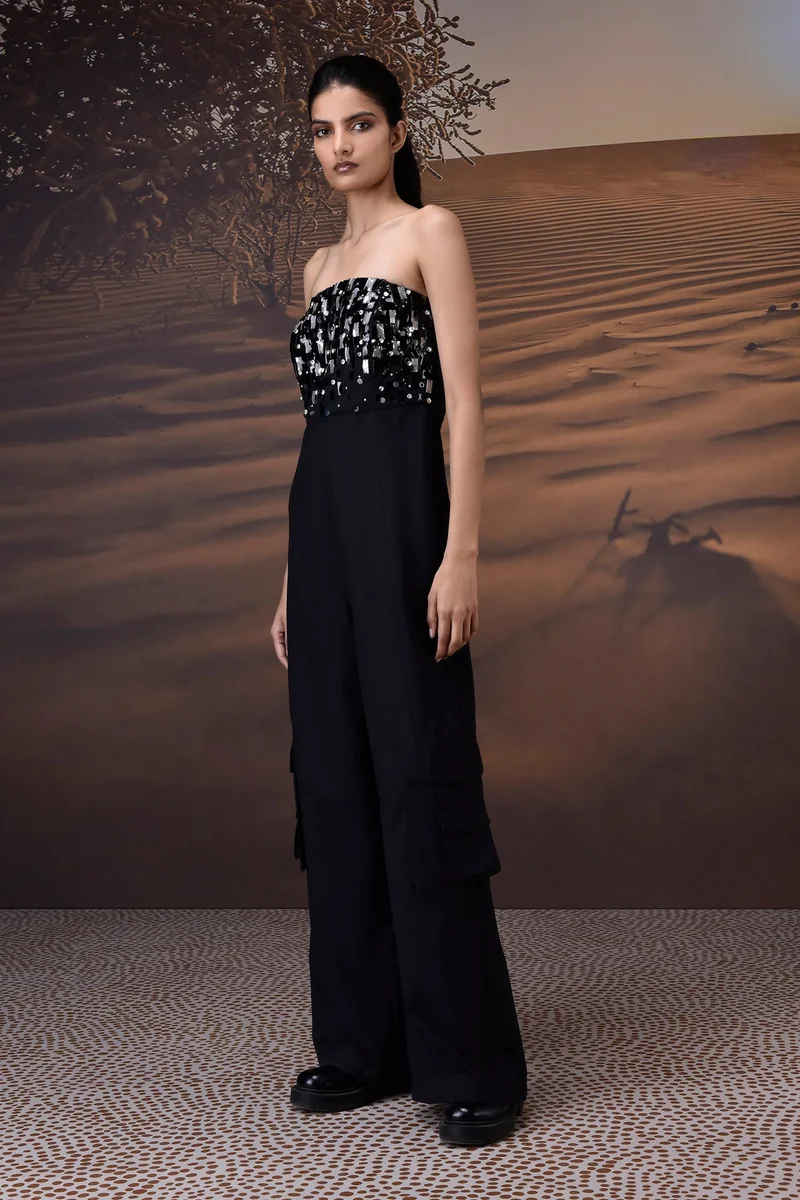 Genes Lecoanet Hemant Black Poly Wool Strapless Sequin Panel Jumpsuit