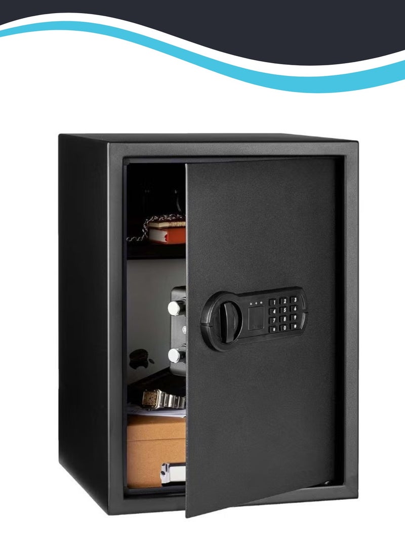 خزنة إلكترونية منزلية من الفولاذ مزودة بقفل لوحة مفاتيح رقمية قابل للبرمجة لتخزين المجوهرات والأموال والأشياء الثمينة، سعة 51 لترًا، أبعادها 35 سم عرضًا × 33 سم عمقًا × 50 سم ارتفاعًا، لونها أسود - Image 1