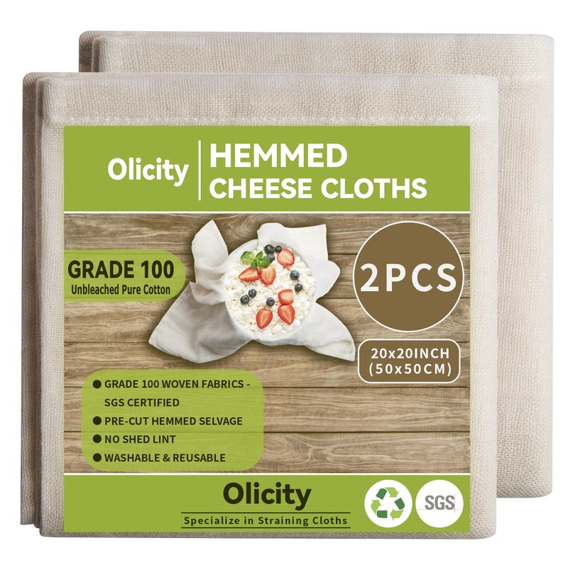 Olicity Cheesecloth, Grade 100, 20x20Inch Hemmed Cheese Cloths Reusable, 100% Unbleached Strainer Muslin Cloth for Cooking, Straining, Jelly Making - 2 Pieces - Image 1