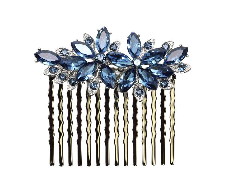Faship Gorgeous Navy Blue Rhinestone Crystal Floral Hair Comb