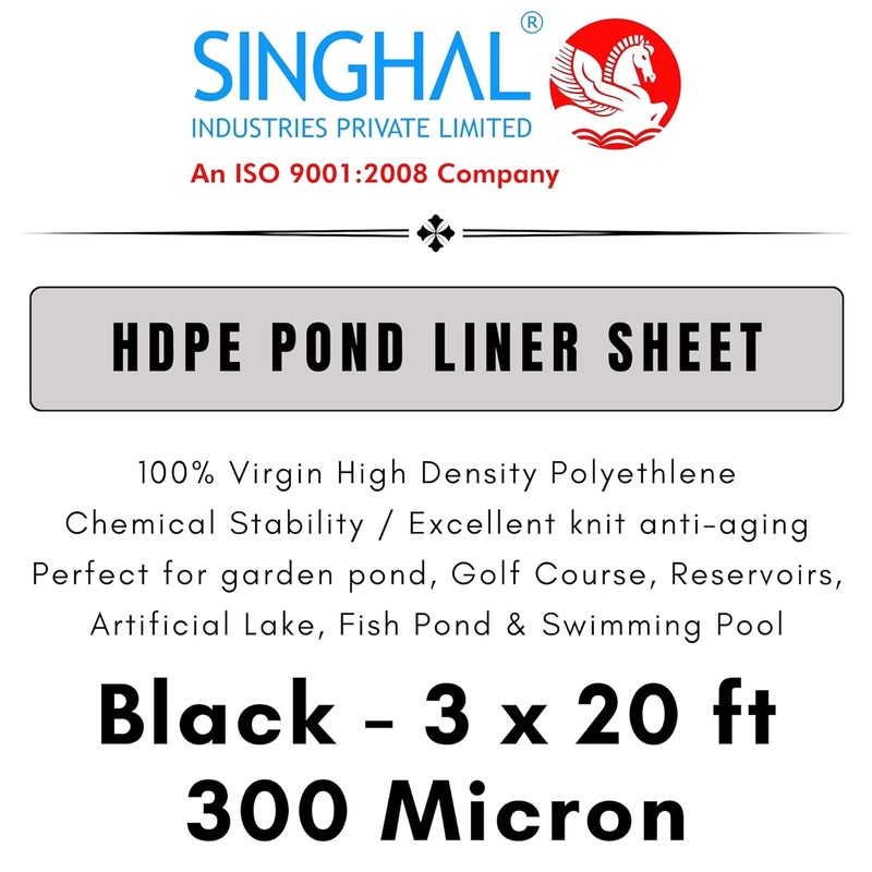 SINGHAL بطانة بركة من مادة HDPE الثقيلة 300 ميكرون 3 قدم × 20 قدم - مقاومة للأشعة فوق البنفسجية والتمزق، مرنة لبرك الكوي والأسماك، حدائق المياه والشلالات، برك صغيرة إلى كبيرة، الحياة البرية، غطاء بركة (أسود) - Image 2