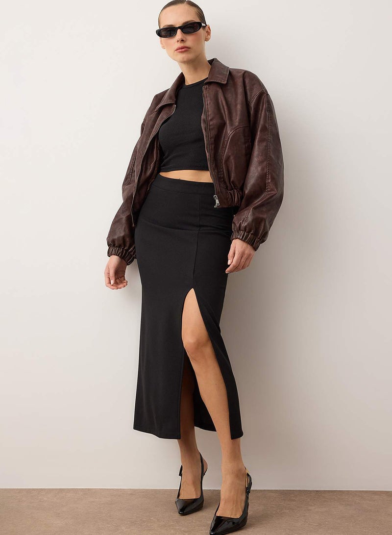 trendyol Black Smart Crepe Slit Detailed Maxi High Waist Stretch Knitted Skirt TWOSS23ET00351 - Image 1