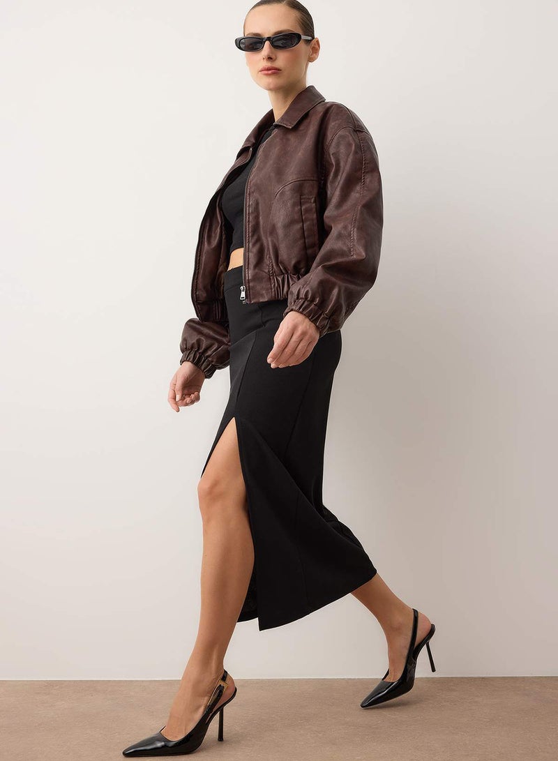 trendyol Black Smart Crepe Slit Detailed Maxi High Waist Stretch Knitted Skirt TWOSS23ET00351 - Image 2