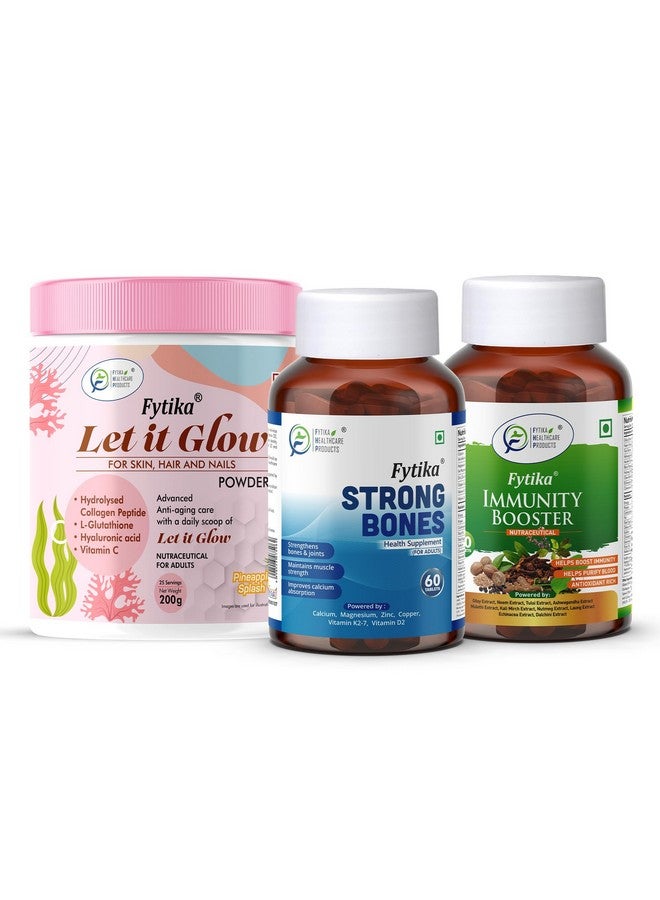 Fytika Let it Glow Pineapple, Collagen Powder-200G + Fytika Strong bones with Calcium and Vitamin D2-60 Tabs + Fytika Immunity Booster (Immune system support)-60 Tabs - Image 1