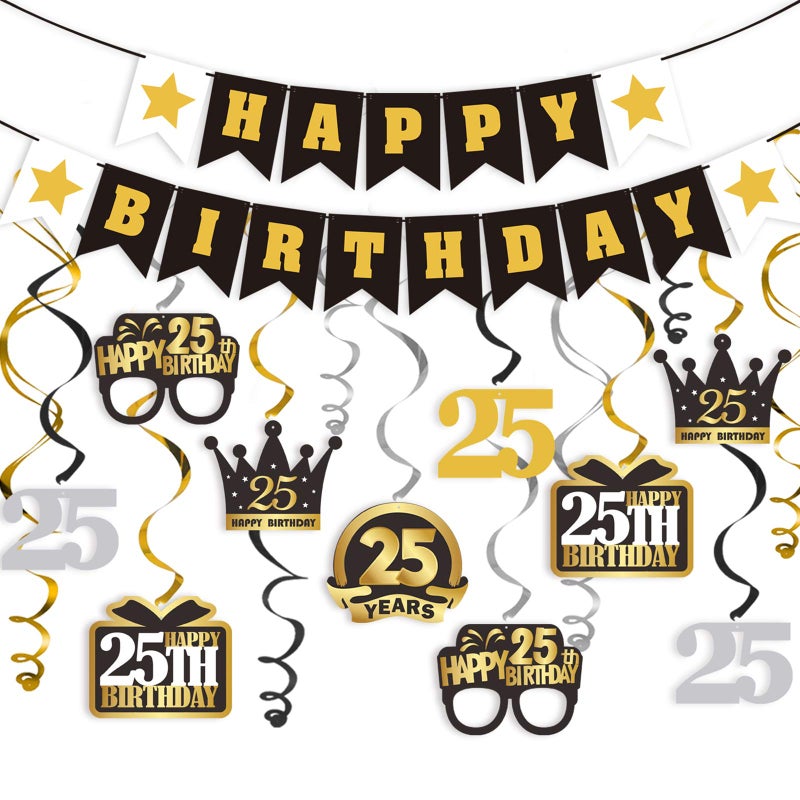 LINGTEER Happy 25th Birthday Decorations Set  12Pcs Black  Gold Swirls StreamerHappy Birthday Bunting BannerCheers to 25 Years Old Bday Party Decorations Gift Sign