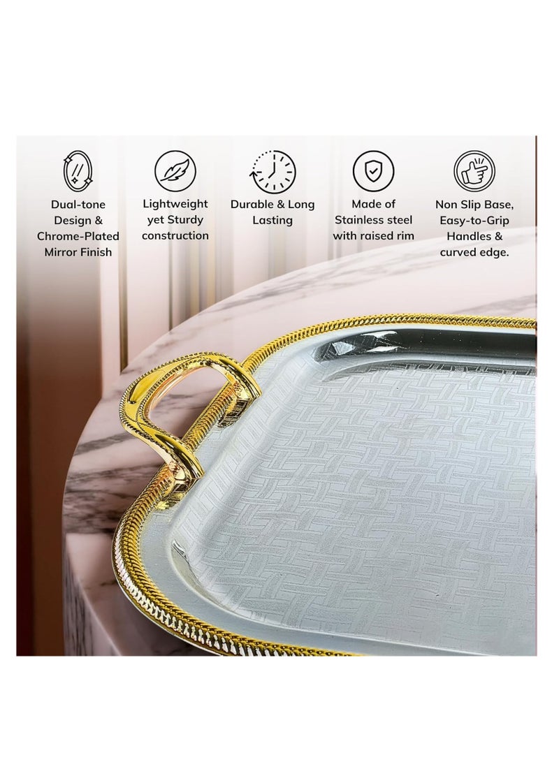 دبيلو تي- إيزي كير صينية تقديم مطلية بالكروم فضية/ذهبية بمقابض - صينية فولاذية مستطيلة الشكل بلمسة نهائية عاكسة، متعددة الاستخدامات للبوفيه، وغرفة الطعام، وغرفة المعيشة، وديكور غرفة النوم، والهدايا، 47 × 37.5 سم (طول × عرض) - Image 3