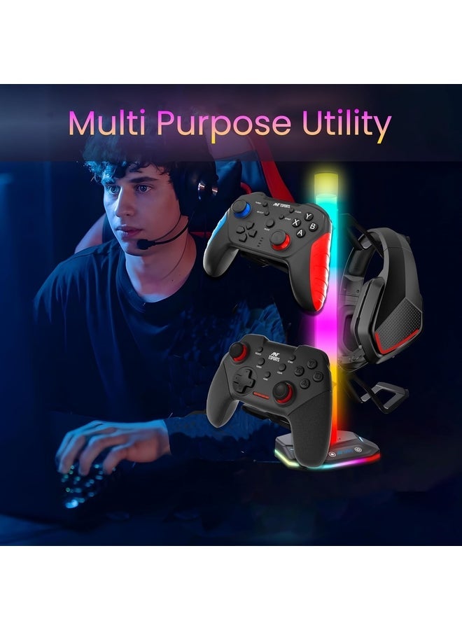 ANT Esports Renewed - RGB Headset Stand, Gaming Controller Stand with 2 USB Charging Ports,10 Light Modes Headset Holder PC / PS5 / Xbox Gaming Accessories, Suitable for All Headset Black - Image 3
