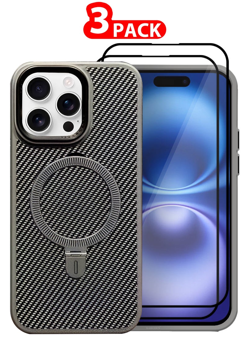 CATANES ( for iPhone 16 Pro Max ) 2Packs, Carbon Fiber Case Cover, Kickstand  Metal Bracket, Magsafe Compatible with 2 Shockproof Screen Protectors - Grey - Image 1