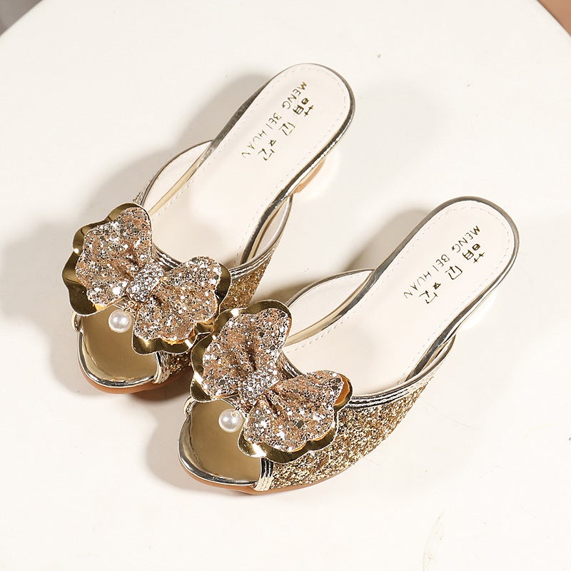 Manufacturers Overseas Cross-border Direct Supply 2024 New Girls High-heeled Slippers 26-37 Size Childrens Bow Sandals Gold - Image 1