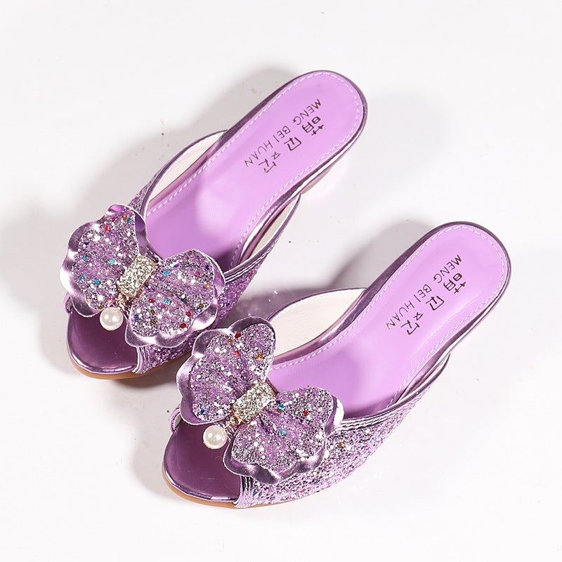 Manufacturers Overseas Cross-border Direct Supply 2024 New Girls High-heeled Slippers 26-37 Size Childrens Bow Sandals Gold - Image 3