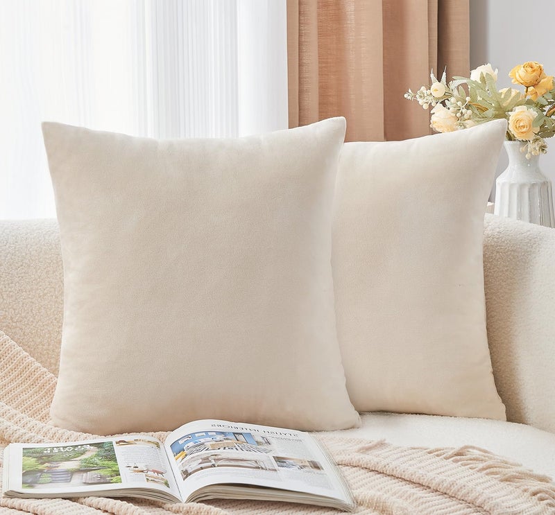 GriNeed Throw Pillow Covers Neutral Beige Set of 2 18x18 Inch Pillow Covers, Soft Velvet Farmhouse Decorative Pillowcases for Couch Sofa Bed, Home Boho Decor, Modern Cushion Covers - Image 1