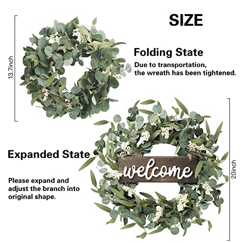 Sggvecsy Green Eucalyptus Wreath with Welcome Sign 20in Artificial Spring Summer White Berries for Front Door Wall Window Festival Farmhouse Porch Patio Garden Decor, White,green - Image 5