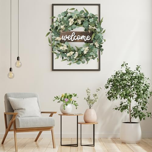 Sggvecsy Green Eucalyptus Wreath with Welcome Sign 20in Artificial Spring Summer White Berries for Front Door Wall Window Festival Farmhouse Porch Patio Garden Decor, White,green - Image 4