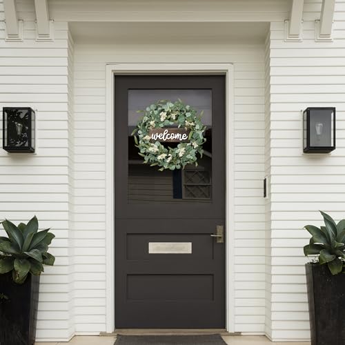 Sggvecsy Green Eucalyptus Wreath with Welcome Sign 20in Artificial Spring Summer White Berries for Front Door Wall Window Festival Farmhouse Porch Patio Garden Decor, White,green - Image 3