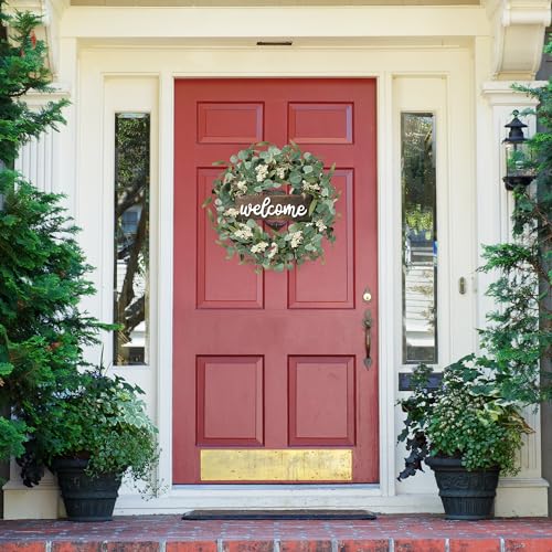 Sggvecsy Green Eucalyptus Wreath with Welcome Sign 20in Artificial Spring Summer White Berries for Front Door Wall Window Festival Farmhouse Porch Patio Garden Decor, White,green - Image 2