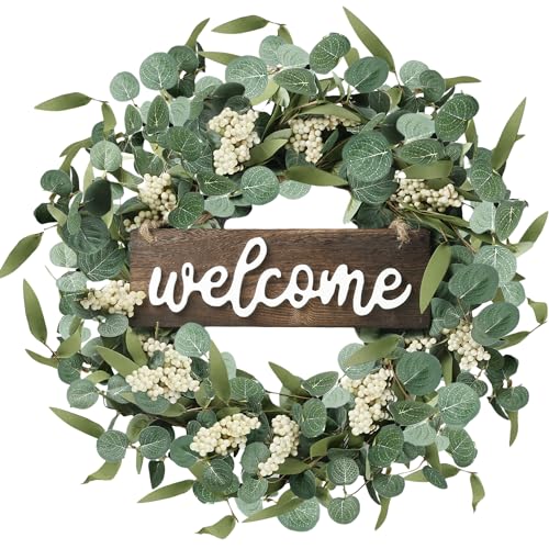 Sggvecsy Green Eucalyptus Wreath with Welcome Sign 20in Artificial Spring Summer White Berries for Front Door Wall Window Festival Farmhouse Porch Patio Garden Decor, White,green - Image 1