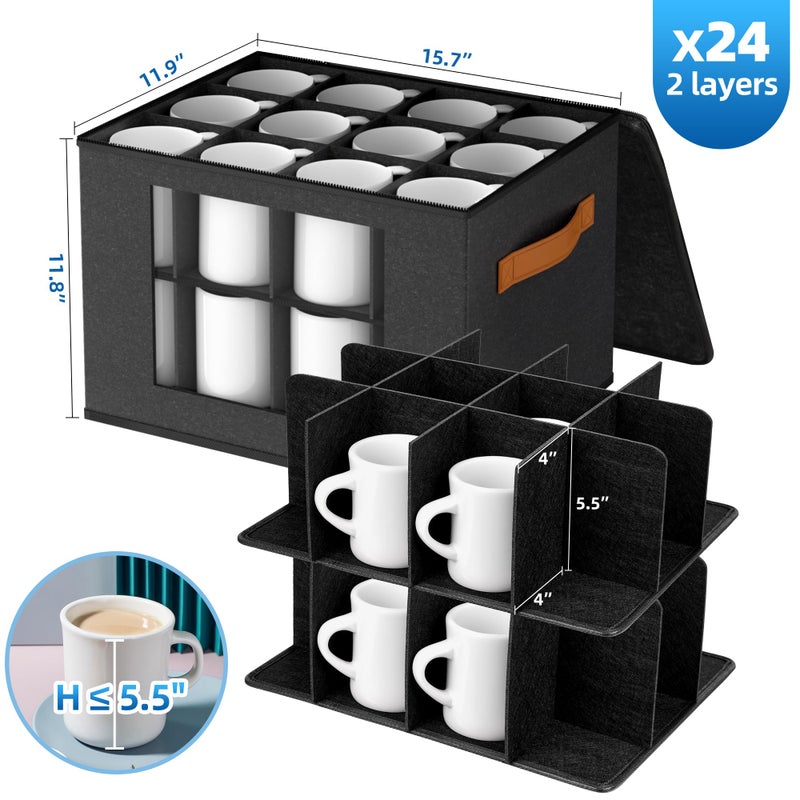 Foyego 2-Layer Coffee Mug Storage Box with Dividers, Coffee Cup Storage Organizer with Zipper Lid and Handles, Stackable Mug and Cup organizer Service for 24 Coffee Mugs, Cups and Glasses, Dark Grey - Image 2
