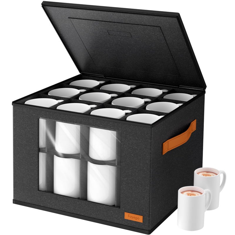 Foyego 2-Layer Coffee Mug Storage Box with Dividers, Coffee Cup Storage Organizer with Zipper Lid and Handles, Stackable Mug and Cup organizer Service for 24 Coffee Mugs, Cups and Glasses, Dark Grey - Image 1