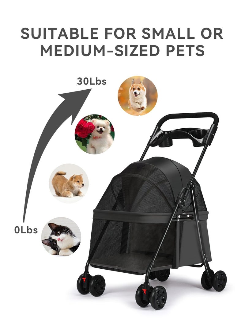 LEOKOR Pet Dog Stroller for Medium Dogs 20 lbs, Foldable Portable Dog Strollers with Storage Basket and Cup Holder, 4 Wheels Dog-Cart for Medium Small Cats and Dogs (Black) - Image 4