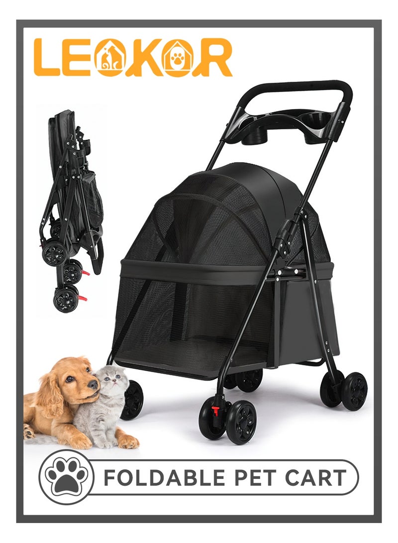 LEOKOR Pet Dog Stroller for Medium Dogs 20 lbs, Foldable Portable Dog Strollers with Storage Basket and Cup Holder, 4 Wheels Dog-Cart for Medium Small Cats and Dogs (Black) - Image 1