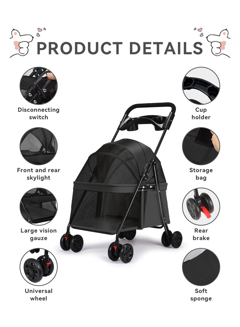 LEOKOR Pet Dog Stroller for Medium Dogs 20 lbs, Foldable Portable Dog Strollers with Storage Basket and Cup Holder, 4 Wheels Dog-Cart for Medium Small Cats and Dogs (Black) - Image 2