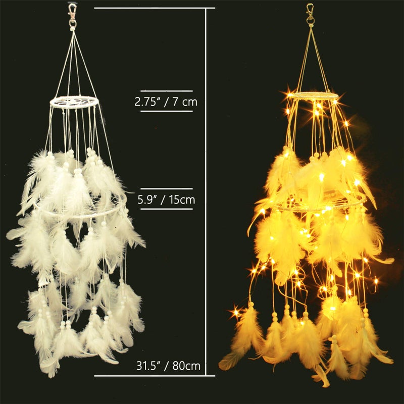 Comtelek Bed Canopy with Double Circle White Feather Dream Catcher and 50 LED Fairy String Lights, Mosquito Net - Unique Style Dome Bed Netting Canopy Curtains Canopy - Suggested for Twin Full Queen King Bed - Image 5