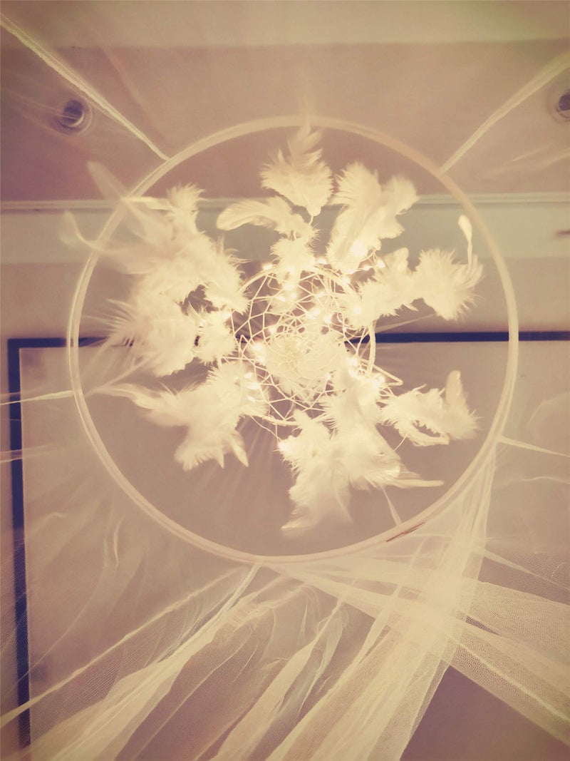 Comtelek Bed Canopy with Double Circle White Feather Dream Catcher and 50 LED Fairy String Lights, Mosquito Net - Unique Style Dome Bed Netting Canopy Curtains Canopy - Suggested for Twin Full Queen King Bed - Image 4