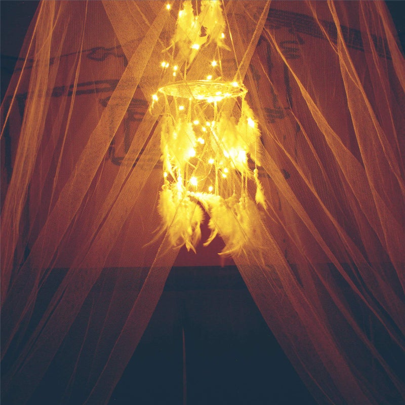 Comtelek Bed Canopy with Double Circle White Feather Dream Catcher and 50 LED Fairy String Lights, Mosquito Net - Unique Style Dome Bed Netting Canopy Curtains Canopy - Suggested for Twin Full Queen King Bed - Image 3