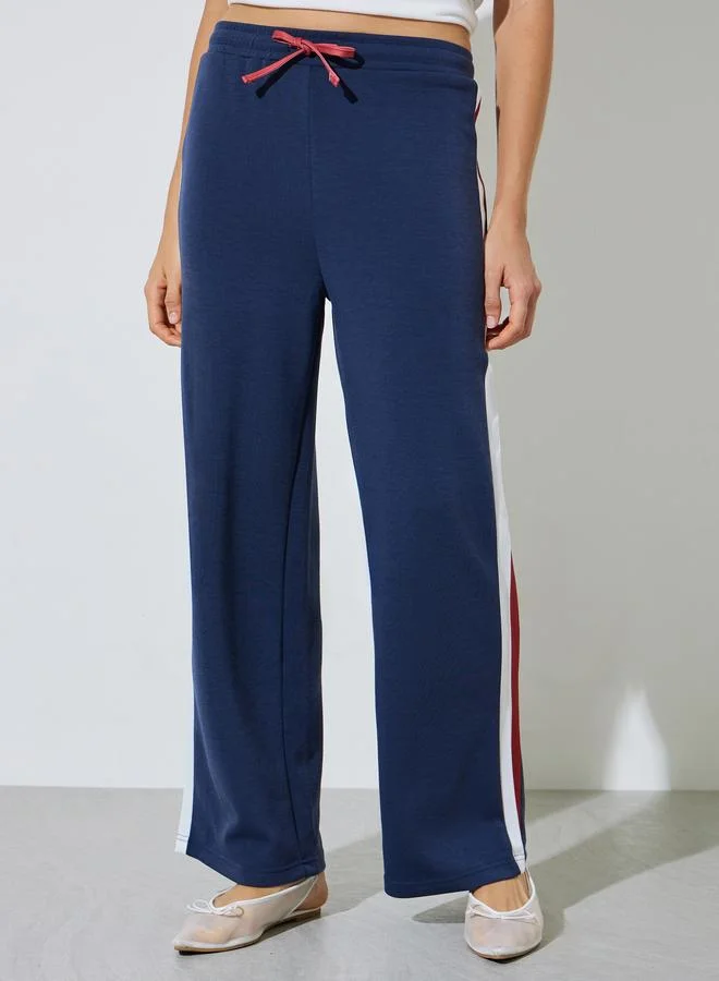 Styli Navy Blue Side Stripes Wide Leg Joggers