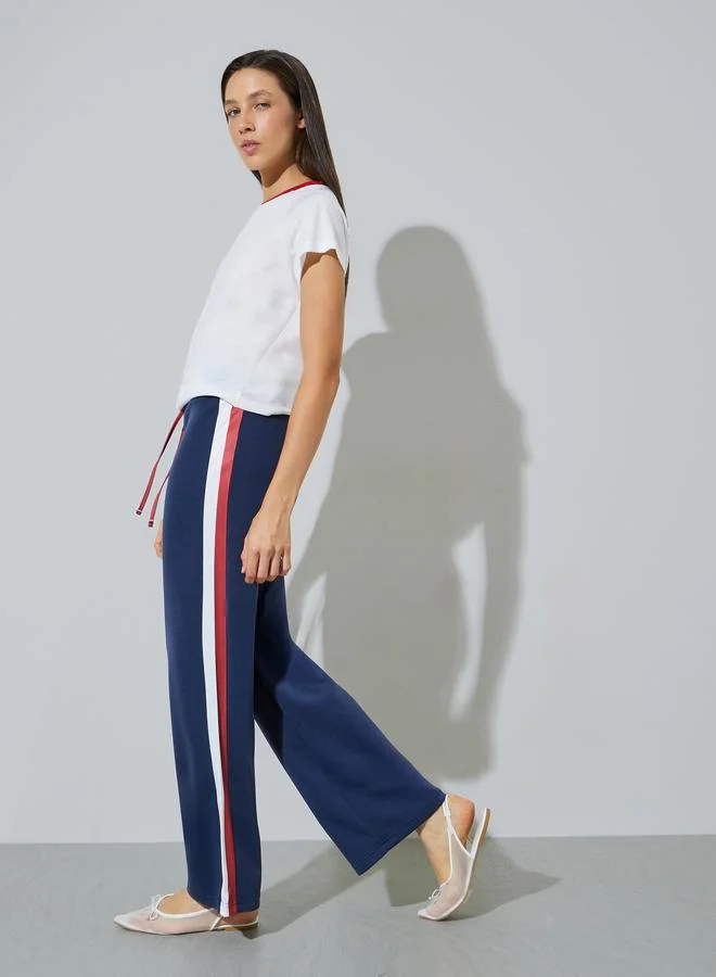 Styli Navy Blue Side Stripes Wide Leg Joggers